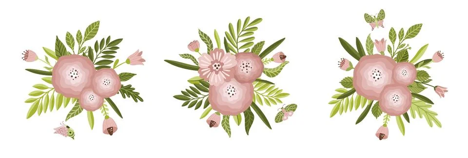 Botanical set of garden flower plants. Blooming flowers and leaf isolated on Stock Illustration