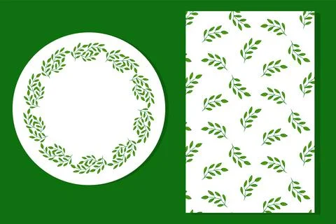 Botanical set with a round leafy frame and seamless leaf pattern. Ideal for.. Stock Illustration