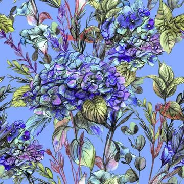 Botanical summer pattern in blue shades with realistic hydrangea flowers painted Stock Illustration