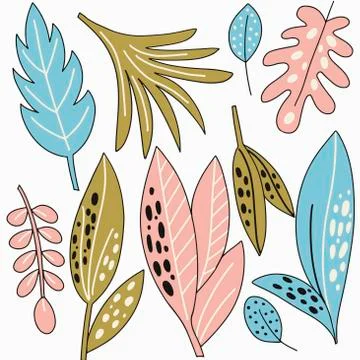 Botanical vector illustration - pink, blue, green leaves on a white background Illustrazione stock