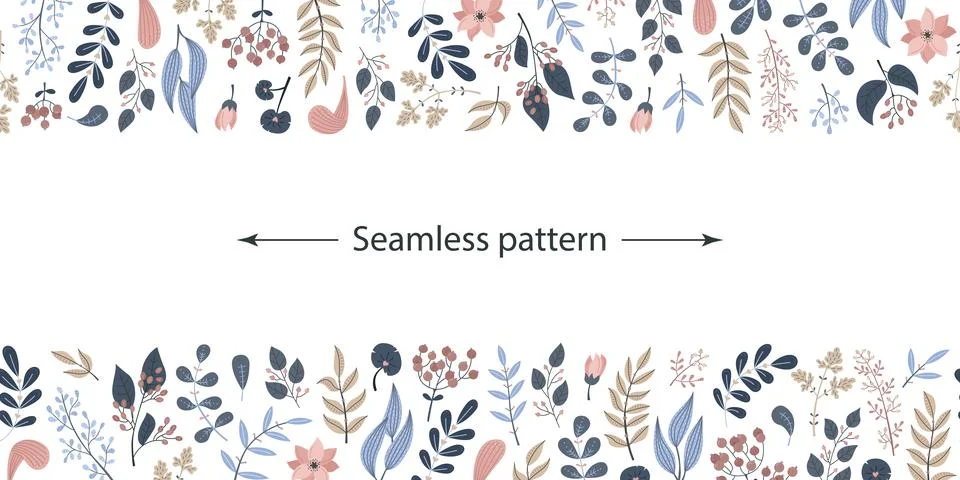 Botanical vector seamless pattern with plants and flowers Stock Illustration