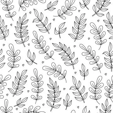 Botanical vector seamless pattern with plants and flowers. Outline illustrati Stock-Illustration