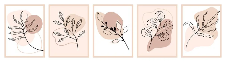 Botanical vector wall set. Boho Leafy line drawing with abstract shape. Abs.. Stock Illustration