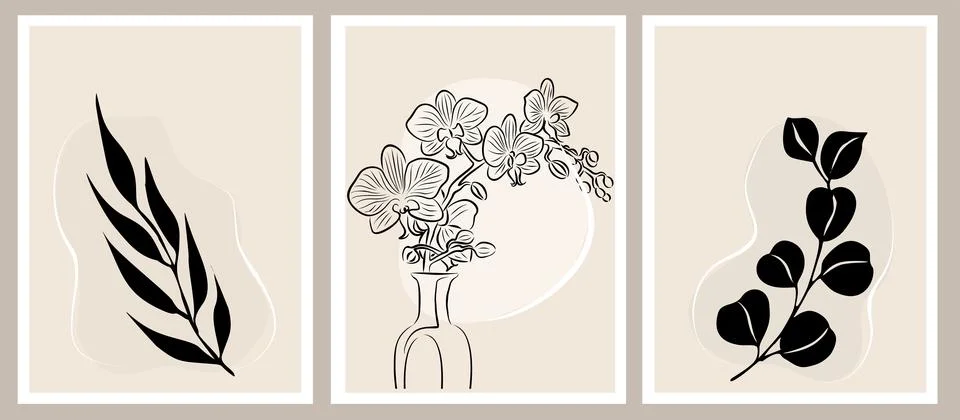 Botanical wall art linear vector illustrations set Stock Illustration