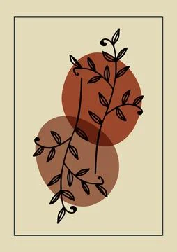 Botanical wall art vector drawing with abstract shapes and branch. Floral design Stock Illustration