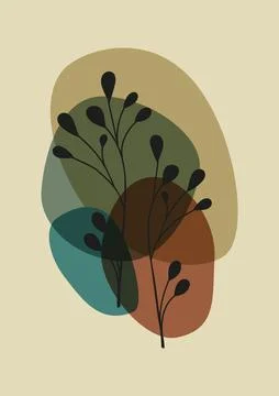 Botanical wall art vector drawing with blobs shape and branch. Floral desig.. Stock Illustration
