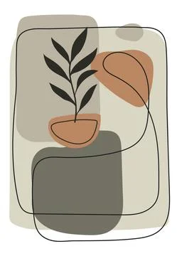 Botanical wall art vector ,Foliage line art drawing with abstract shape, Stock Illustration