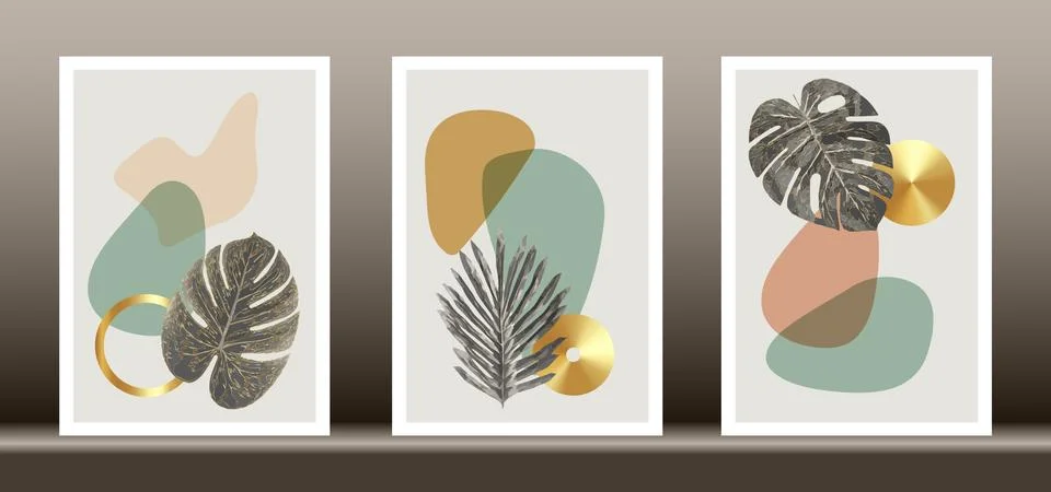 Botanical wall art vector set. Golden foliage line art drawing Stock Illustration