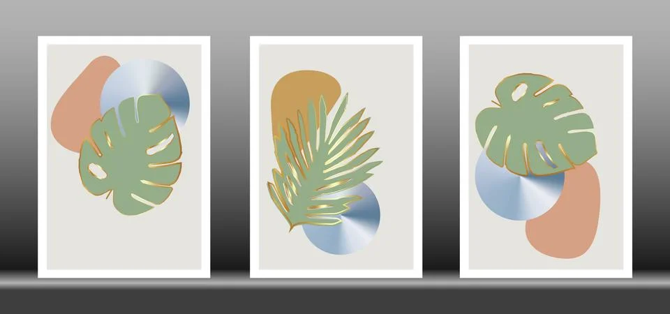 Botanical wall art vector set. Golden foliage line art drawing abstract shape, Stock Illustration