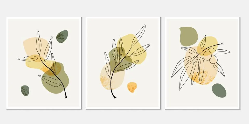 Botanical wall art vector set. Hand-raw line art drawing with abstract shape. Stock Illustration