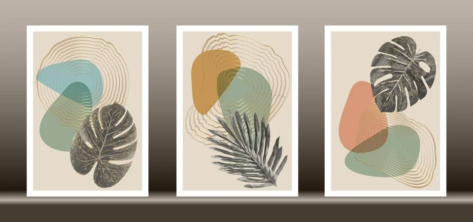 Botanical wall art vector set. Golden foliage line art drawing Stock Illustration
