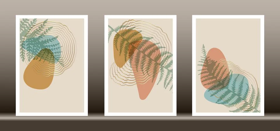 Botanical wall art vector set. Tropical fern foliage line art drawing Stock Illustration