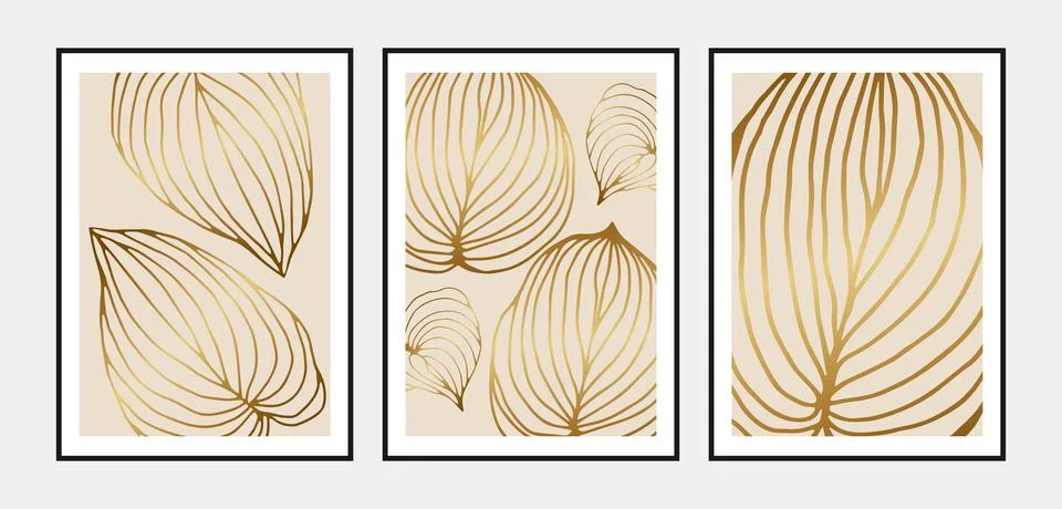 Botanical wall art vector set. Golden foliage line art drawing. Abstract Stock Illustration