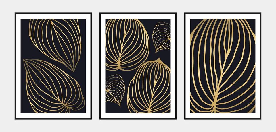 Botanical wall art vector set. Golden foliage line art drawing. Abstract Stock Illustration