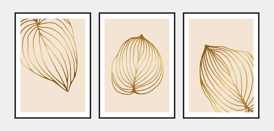 Botanical wall art vector set. Golden foliage line art drawing. Abstract Stock Illustration