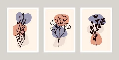 Botanical wall art vector set. Foliage line art drawing with abstract shape Stock Illustration