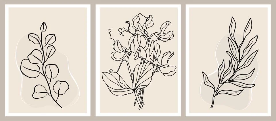 Botanical wall art vector set beige and black. Stock Illustration