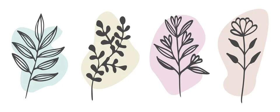 Botanical wall art Vector Set. Foliage and Flower Line art drawing with abstr Stock Illustration