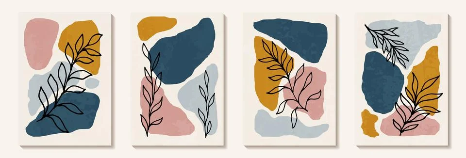 Botanical wall art vector set. Tropical Foliage line art drawing with abstr.. Stock Illustration