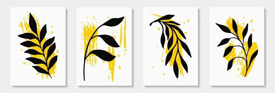 Botanical wall art vector set. Tropical Foliage line art drawing with brush.. Stock Illustration
