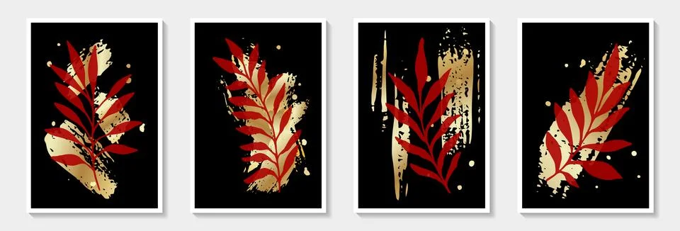 Botanical wall art vector set. Tropical Foliage line art drawing with brush.. Stock Illustration