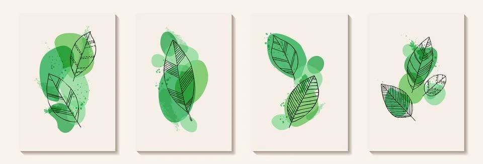 Botanical wall art vector set. Tropical Foliage line art drawing with abstr.. Stock Illustration