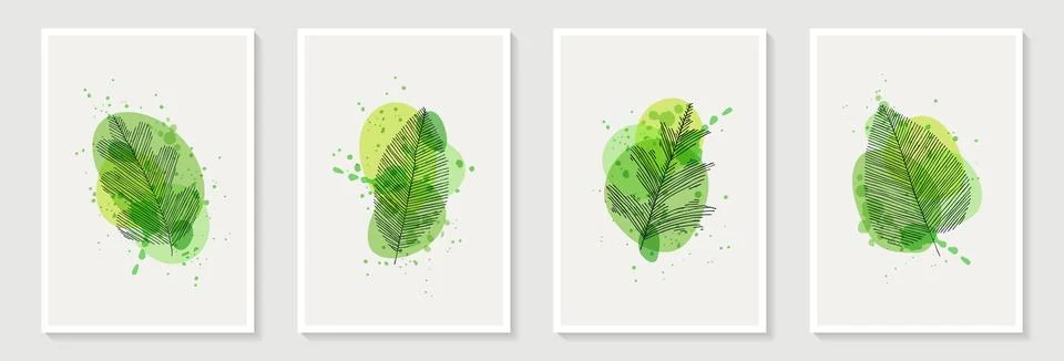 Botanical wall art vector set. Tropical Foliage line art drawing with abstr.. Stock Illustration