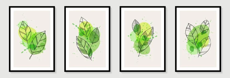 Botanical wall art vector set. Tropical Foliage line art drawing with abstr.. Stock Illustration