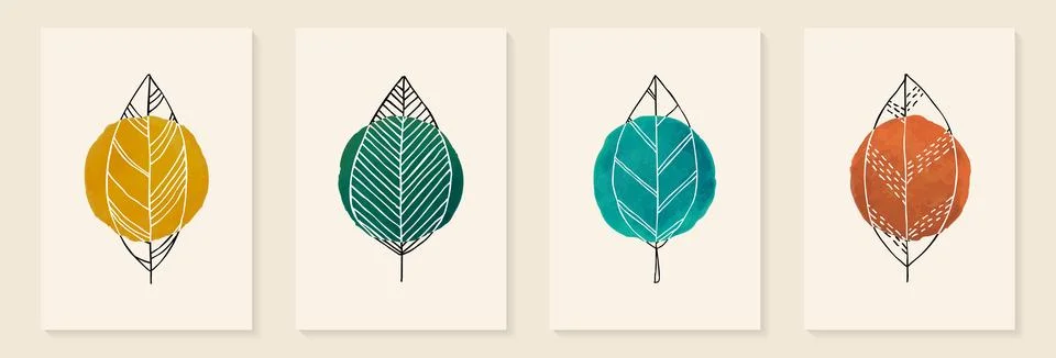 Botanical wall art vector set. leaf line art drawing with abstract watercol.. Stock Illustration