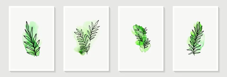 Botanical wall art vector set. Tropical Foliage line art drawing with abstr.. Stock Illustration