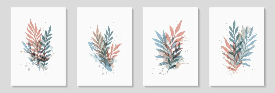 Botanical wall art vector set. Tropical Foliage line art drawing with abstrac Stock Illustration