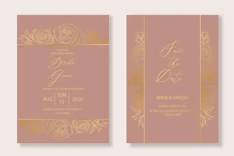 Botanical wedding invitation template set with sketch drawn gold roses flower Stock Illustration