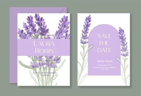 Botanical wedding invitation template set with watercolor lavanda and arch fo Stock Illustration