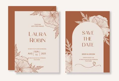 Botanical wedding invitation template set with sketch drawn poppy flower and  Stock Illustration