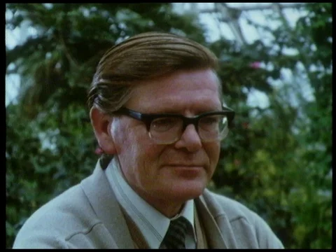 Botanist talking to IT man inside greenhouse about technology and job, 1985 Stock Footage 136674788