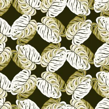 Botany exotic seamless pattern with outline white monstera leaf silhouettes.  Stock Illustration