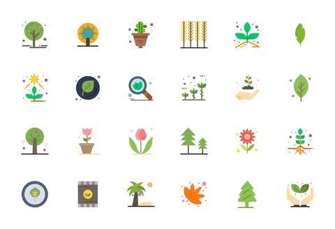 Botany Premium Vector Bundle with 24 128x128 Pixel Aligned Flat Icons Stock Illustration