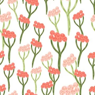 Botany seamless pattern with field yarrow pink random silhouettes. Isolated f Illustrazione stock