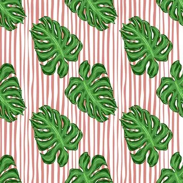 Botany seamless pattern with green palm leaf doodle ornament. Pink striped ba Illustrazione stock