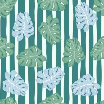 Botany seamless pattern with random blue and green monstera leaf shapes. Turq Illustrazione stock
