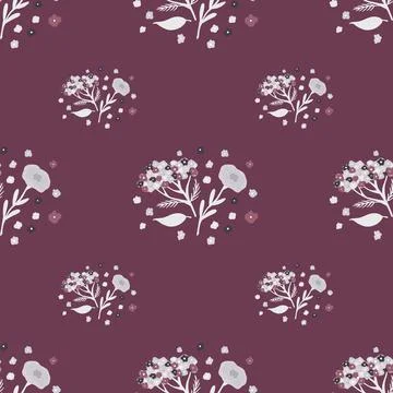 Botany seamless pattern with white vintage flowers elements. Purple pale back Illustrazione stock