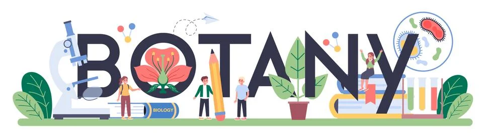 Botany typographic header. Scientist exploring nature and plants. Stock Illustration