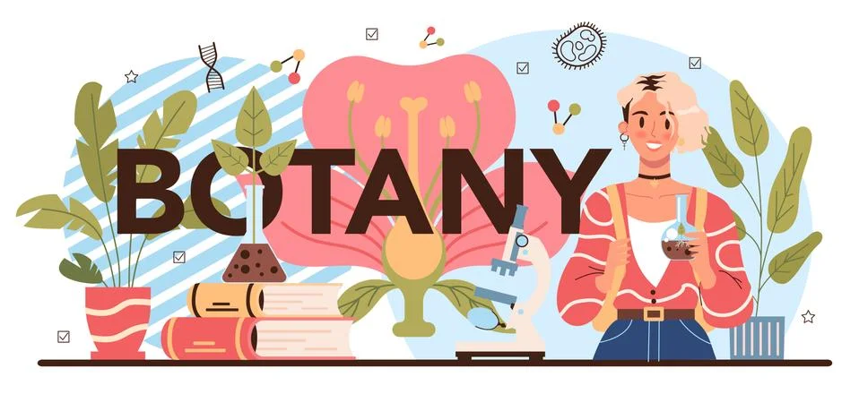 Botany typographic header. Scientist exploring nature and plants. Stock Illustration