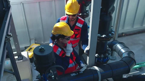 Both of engineers inspecting industrial pipeline and valve systems 스톡 동영상 339644357
