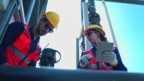 Both of engineers inspecting industrial pipeline and valve systems Vídeos de archivo 339645534