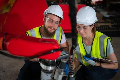 Both of engineers installing and testing a large robotic arm. before sendi... 写真素材