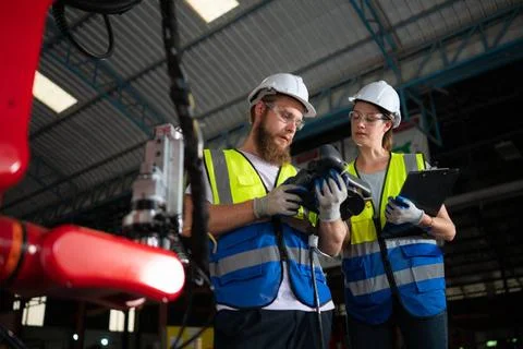 Both of engineers installing and testing a large robotic arm. before sendi... 写真素材