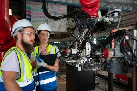 Both of engineers installing and testing a large robotic arm. before sendi... Foto stock