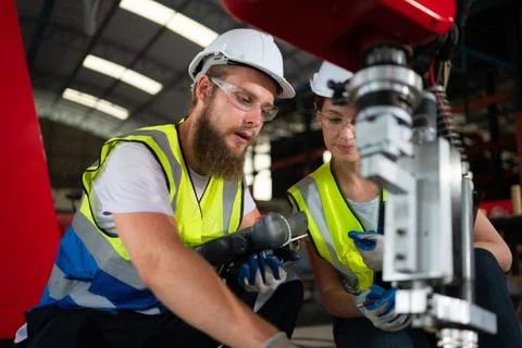 Both of engineers installing and testing a large robotic arm. before sendi... Stock Photos