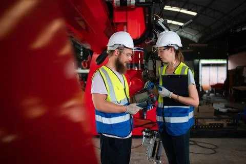 Both of engineers installing and testing a large robotic arm. before sendi... 写真素材